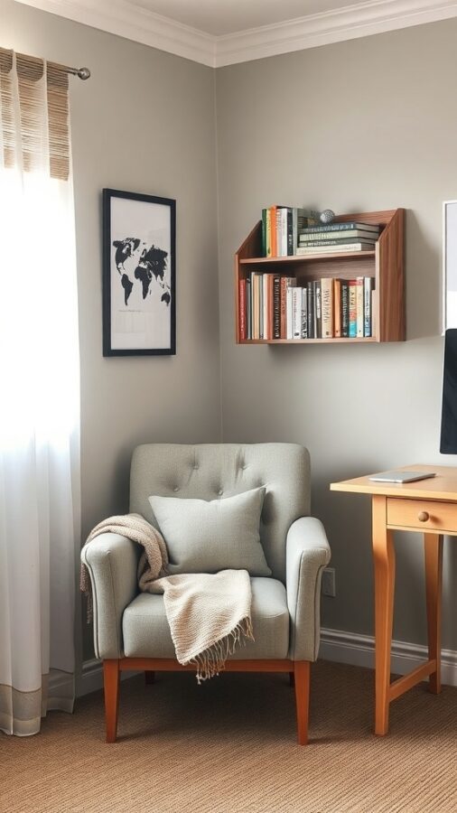 A cozy reading nook featuring a light gray armchair, a throw blanket, a pillow, and a bookshelf with books, illuminated by natural light.