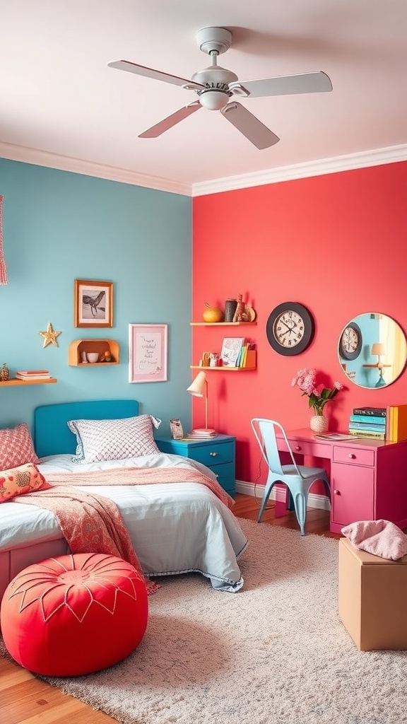 A girl's bedroom featuring bright coral and blue walls, colorful furniture, and cozy decor.