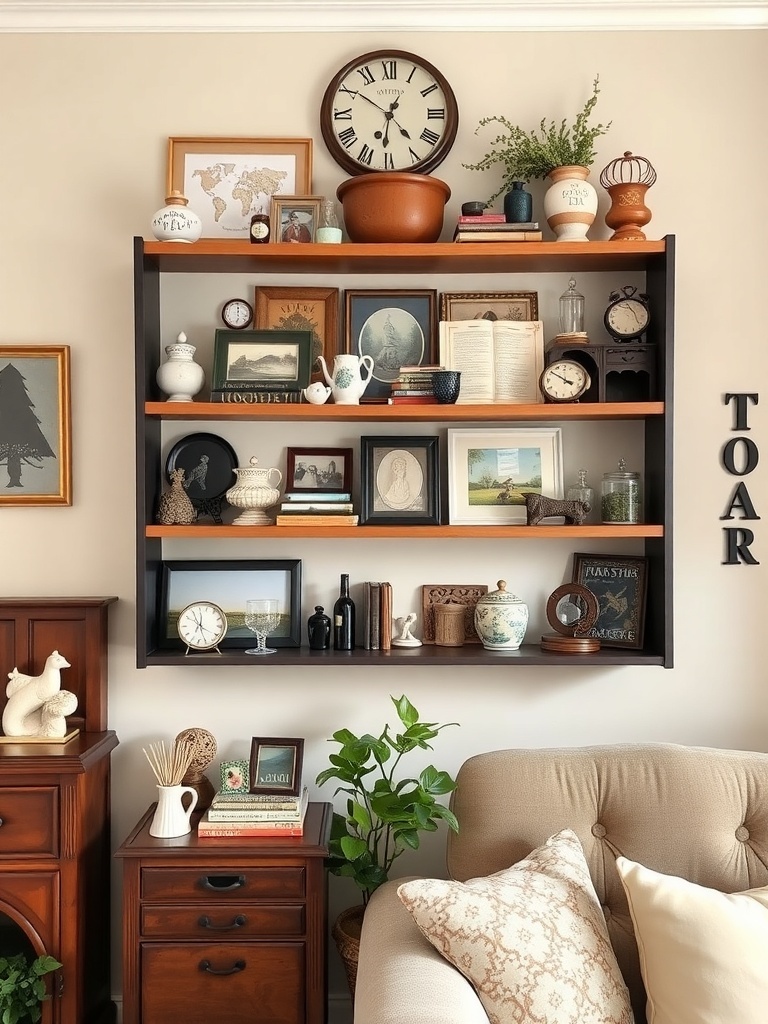 A wall-mounted shelf filled with various decorative items, including clocks, plants, and framed pictures.