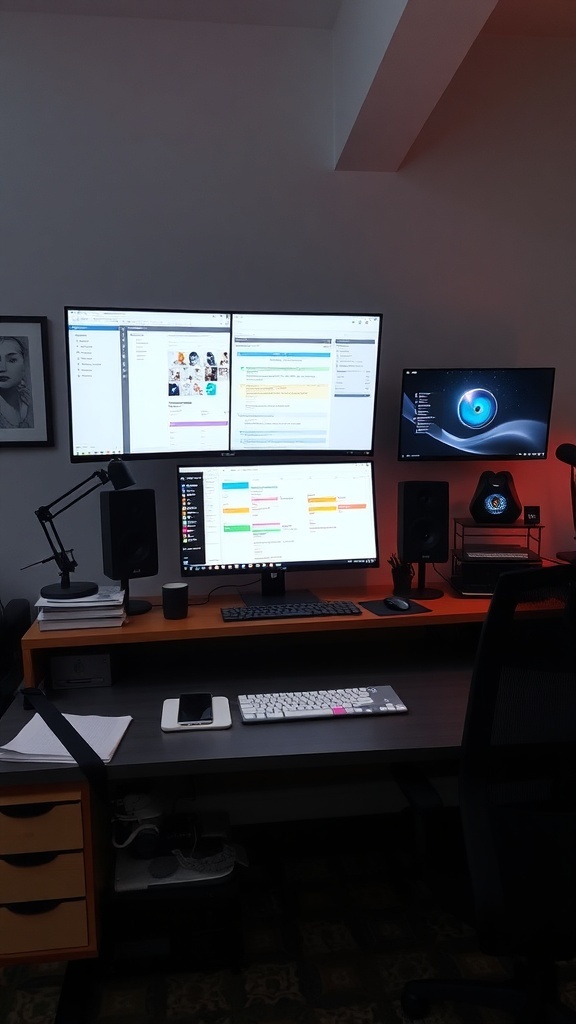A modern home office setup featuring multiple monitors, a keyboard, and a clean desk.