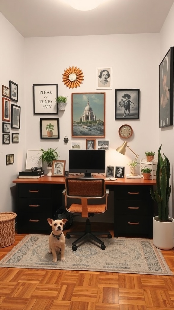 A small home office with a desk, computer, framed artwork on the walls, plants, and a dog.