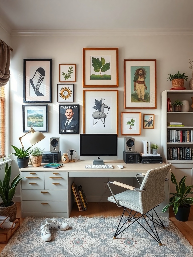 9 Inspiring Home Office Layout Ideas for Maximum Productivity 6 A cozy home office with a desk, computer, wall art, plants, and a comfortable chair.