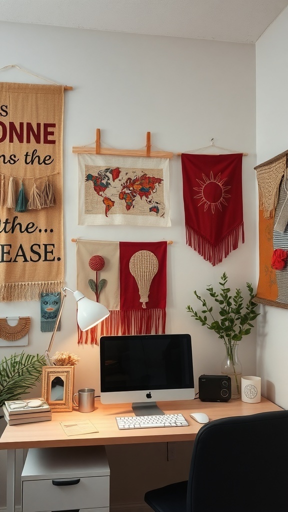 A cozy home office featuring various textile wall hangings, a desk with a computer, and decorative plants.