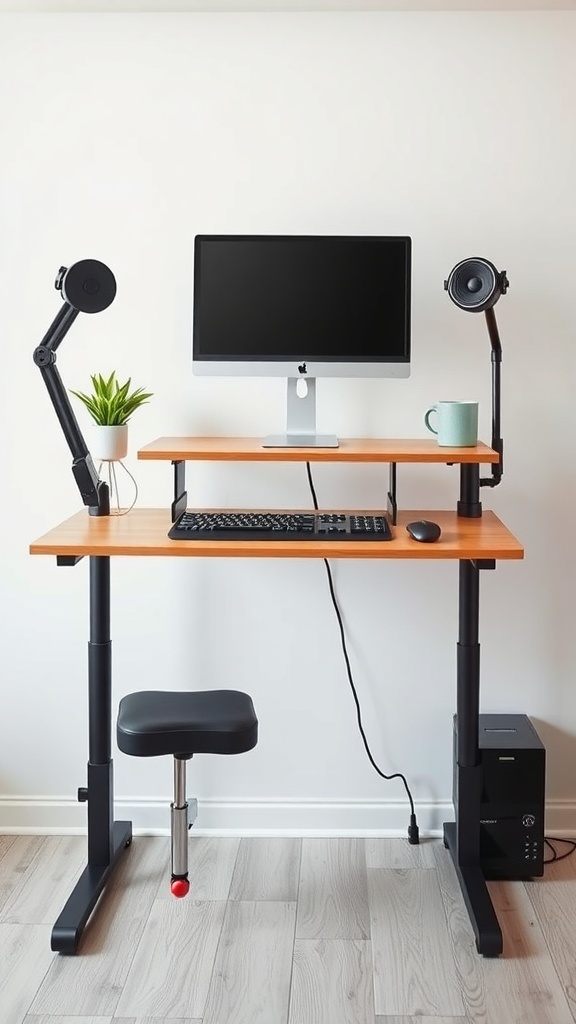 A modern standing desk setup with a computer monitor, keyboard, and a plant.