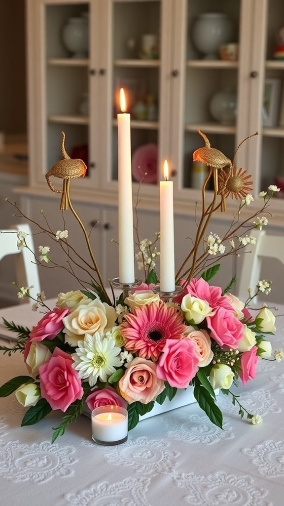 A floral centerpiece with pink roses, gerbera daisies, and candles.
