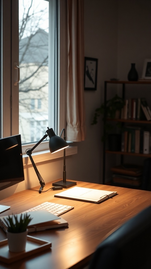 11 Inspiring Home Office Decor Ideas to Boost Your Productivity 6 A cozy home office setup with a desk lamp illuminating a workspace, featuring a computer, keyboard, and a small plant.