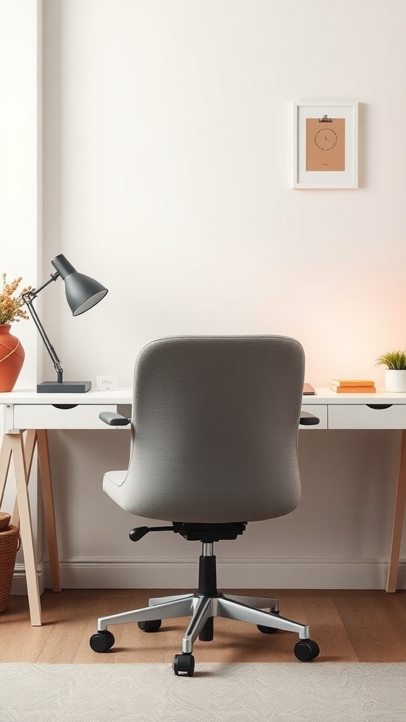 A stylish gray office chair in a feminine home office setting with a desk and lamp.