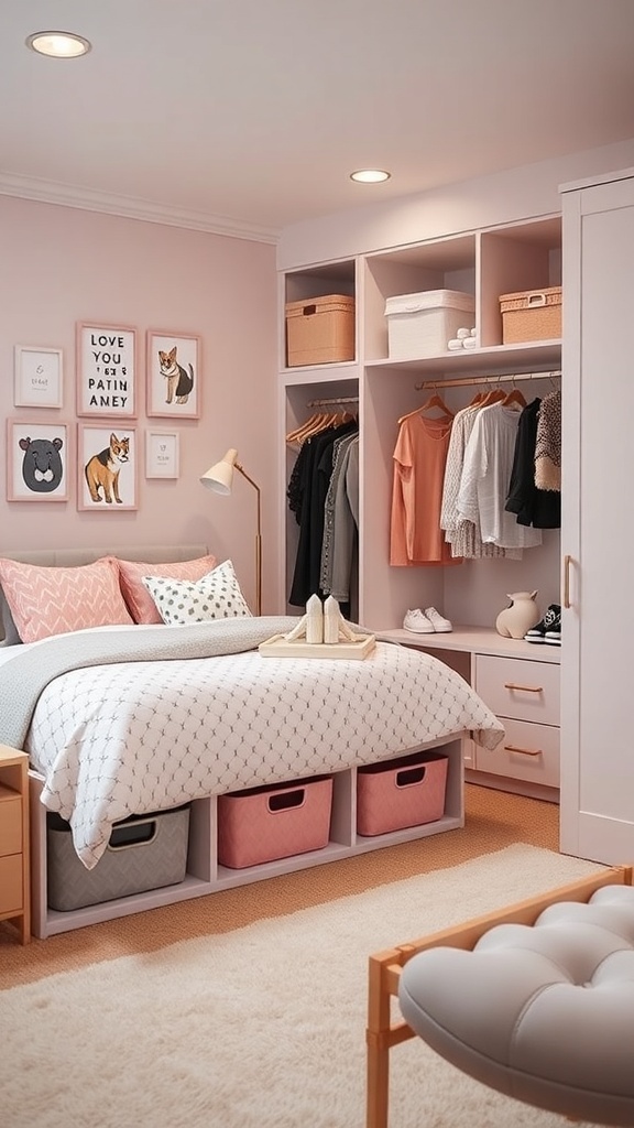 A girl's bedroom featuring a bed with storage underneath, colorful bins, and organized closet space.