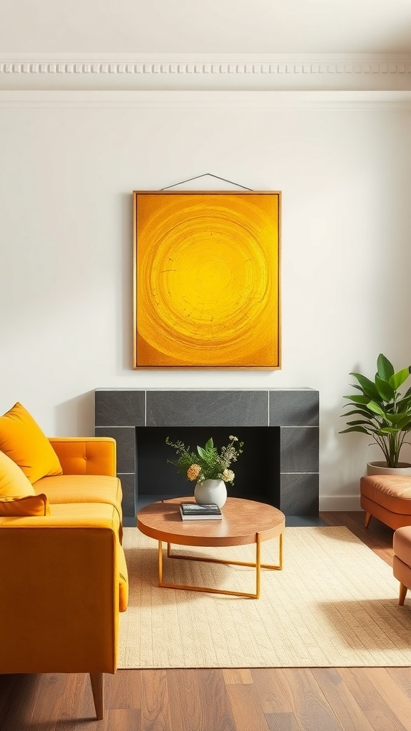 A cozy living room featuring golden yellow wall art above a slate fireplace, with an orange sofa and a round coffee table.