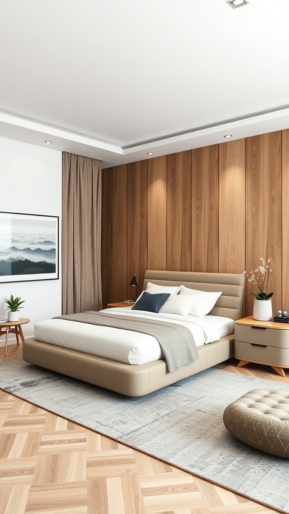 A modern master bedroom featuring a stylish bed, compact nightstands, and a cozy seating area.