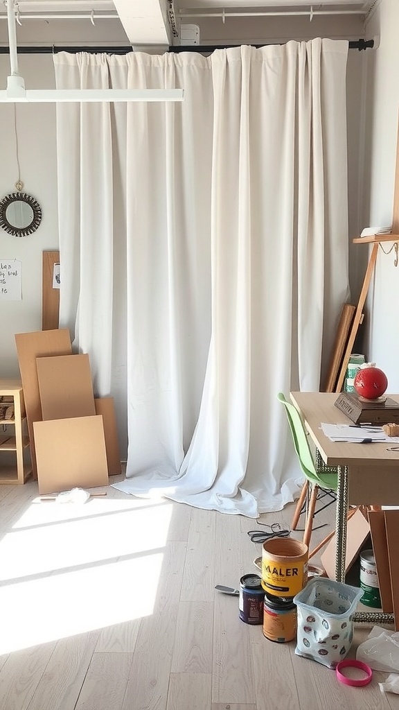 A room with white curtains, a desk, and some crafting materials scattered around.