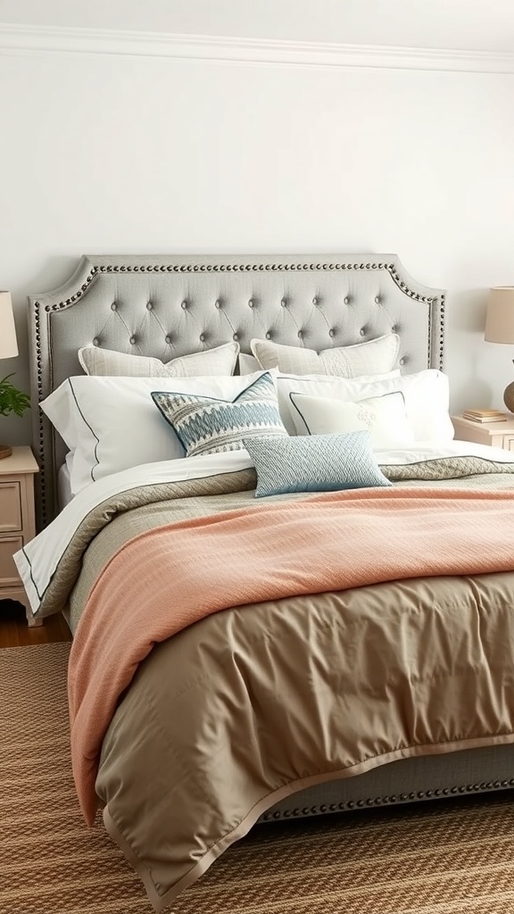 A beautifully layered bed with neutral and coral bedding, featuring a tufted headboard and decorative pillows.