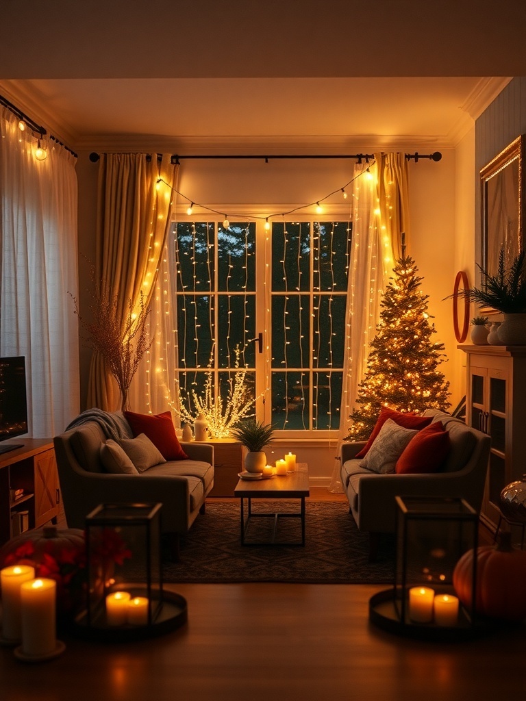 15 Cozy Fall Home Decor Ideas to Transform Your Space 6 A cozy living room with warm lighting, string lights, and candles.