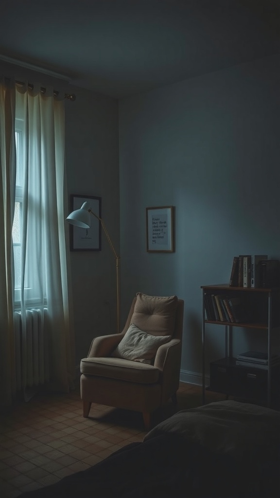 A cozy reading nook with a soft armchair, lamp, and bookshelf in a moody bedroom.