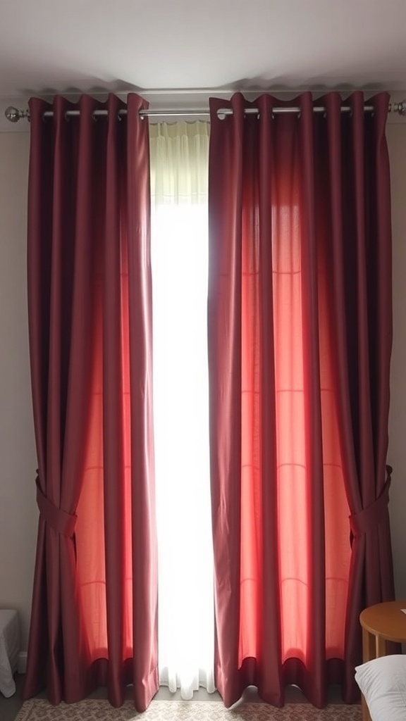 A pair of rich red curtains framing a bright window in a bedroom.
