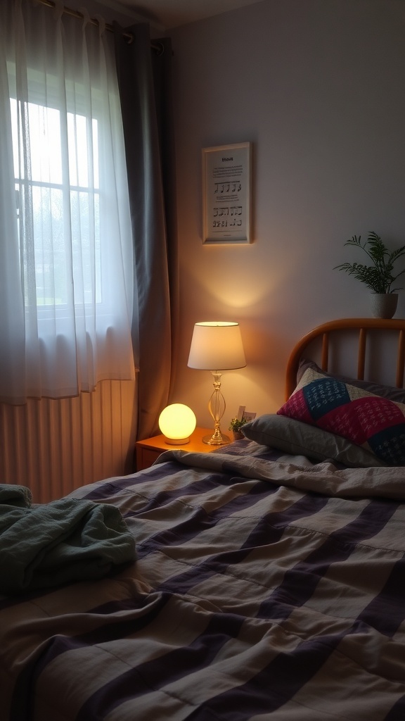 A cozy bedroom with soft lighting, a neatly made bed, and curtains letting in natural light.