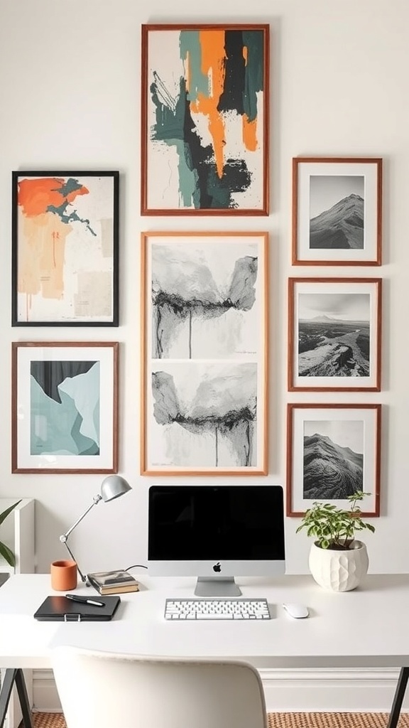 A stylish home office with a gallery wall of framed artwork, featuring abstract designs and nature photography.