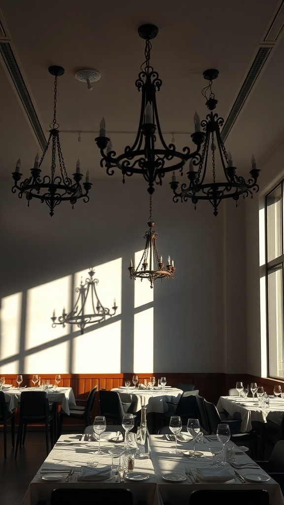 10 Stunning Dark Home Decor Ideas to Transform Your Space 2 Chandeliers casting shadows in a dining area with dark decor
