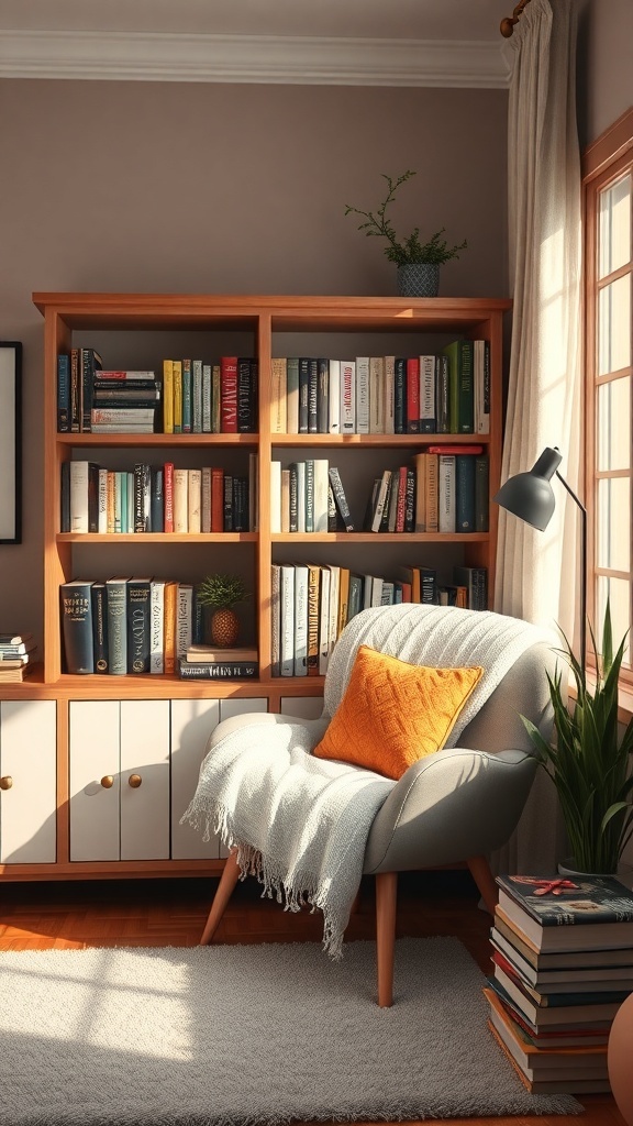 A cozy reading nook with a comfortable chair, a bookshelf filled with books, and warm lighting.