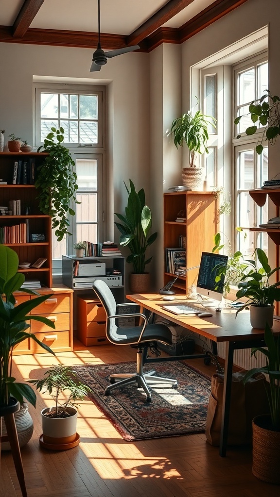 11 Inspiring Home Office Decor Ideas to Boost Your Productivity 7 A bright home office with wooden furniture and various indoor plants, showcasing a cozy and natural workspace.