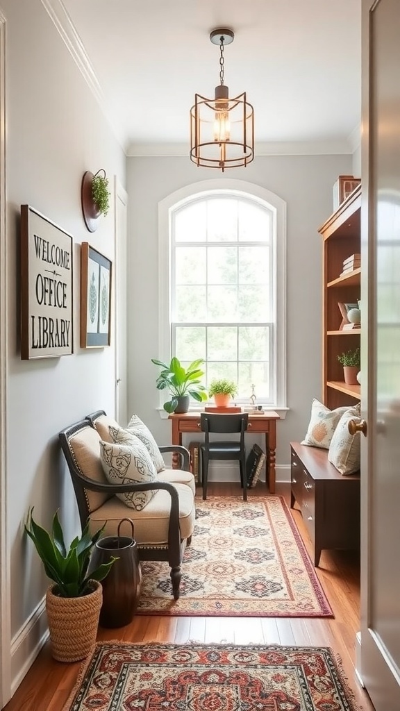 Inviting entryway with a sign that says 'WELCOME OFFICE LIBRARY', a cozy couch, plants, and warm lighting.