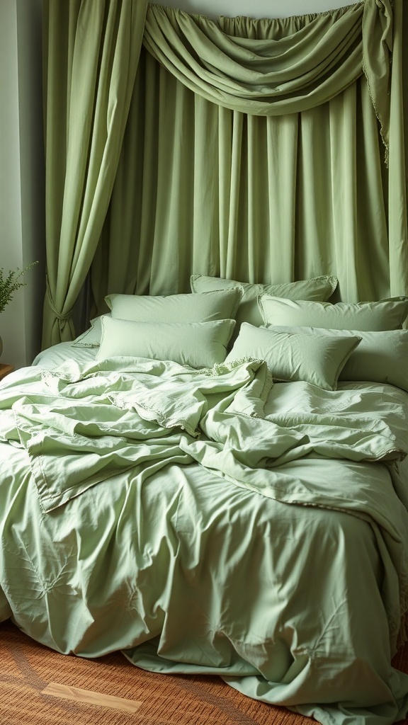 A sage green bedroom featuring layered bedding and drapes in soft, muted tones.