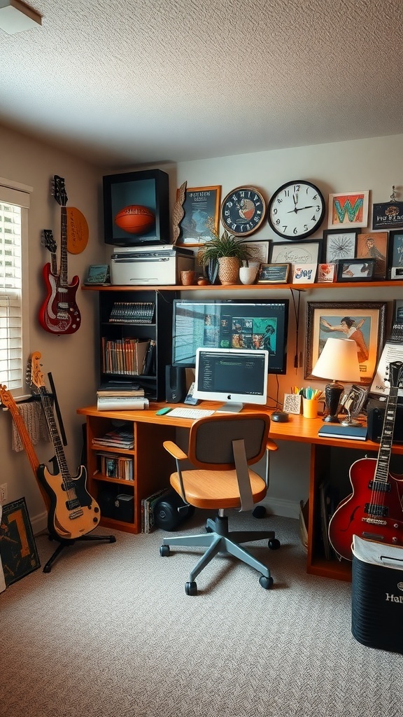11 Inspiring Home Office Decor Ideas to Boost Your Productivity 10 A home office with guitars, books, and personal decor.