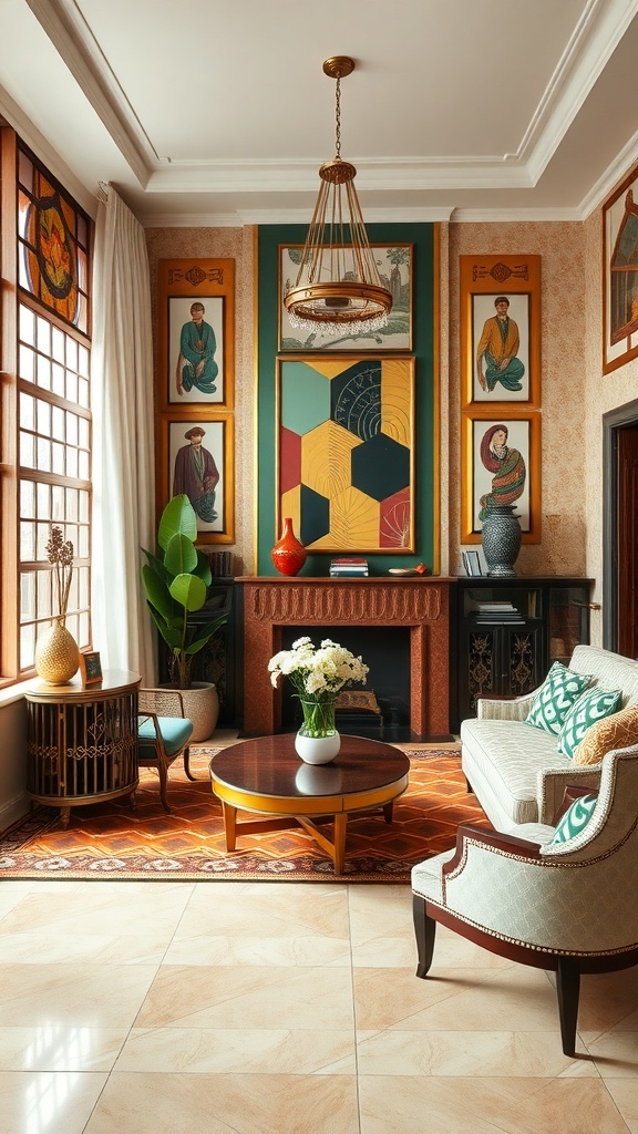 A stylish living room featuring Art Deco elements with framed artwork, a chandelier, and elegant furniture.