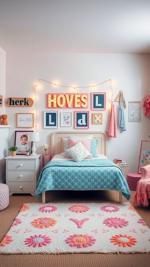 A cozy girl's bedroom featuring personalized decor elements like illuminated letters, framed artwork, and colorful bedding.