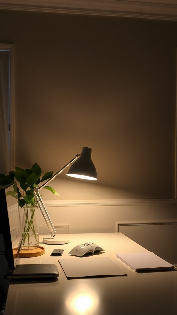 A stylish home office desk with a lamp, plant, and stationery, creating a warm atmosphere.