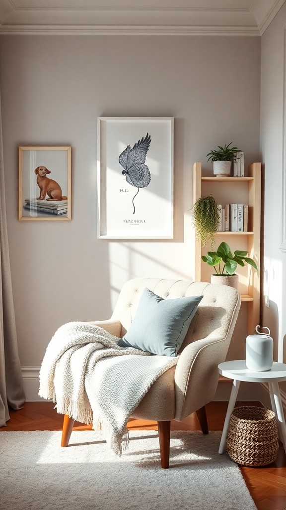 9 Chic Feminine Home Office Ideas for a Stylish Workspace 9 A cozy reading nook featuring a soft chair, throw blanket, side table, and decorative artwork.