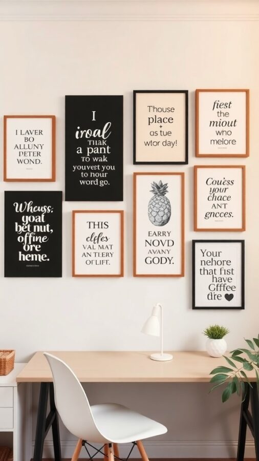 A collection of framed wall art with playful typography in a home office setting.