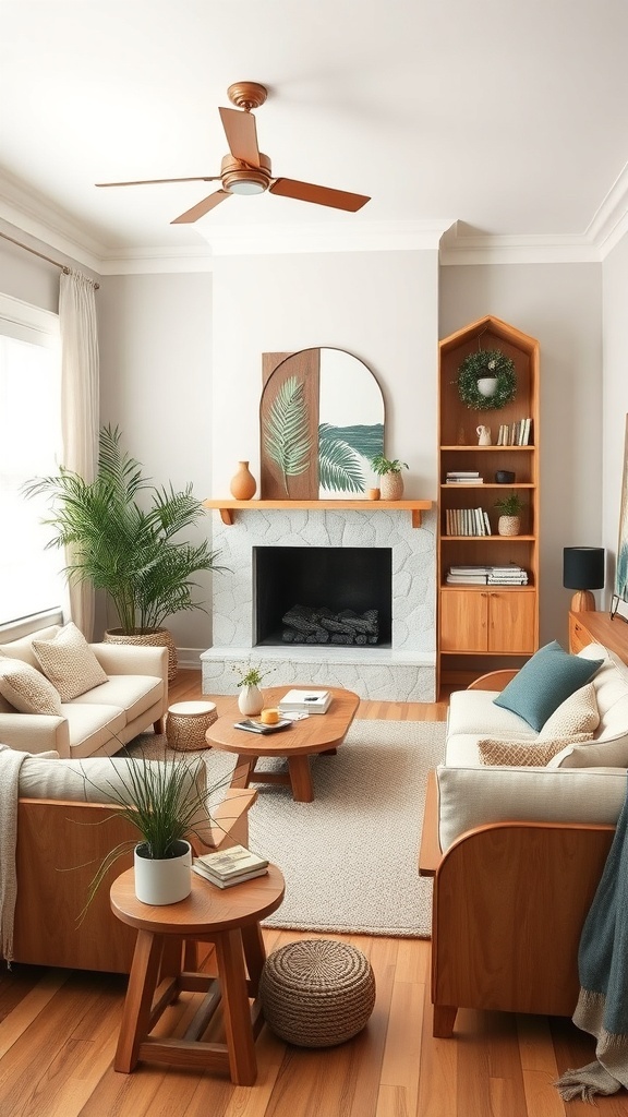 Cozy living room featuring natural wood elements, warm colors, and plants.