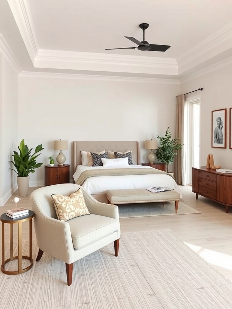 Cozy master bedroom featuring stylish furniture, including a bed with a soft headboard, a comfortable chair, and a potted plant.