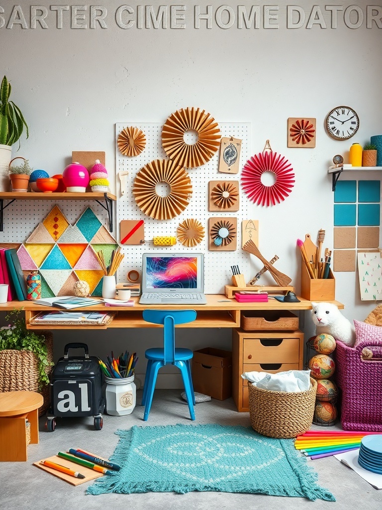 14 Whimsical Home Decor Items to Spark Your Imagination 10 A colorful and creative workspace with DIY decor elements, featuring paper crafts, art supplies, and a cozy rug.