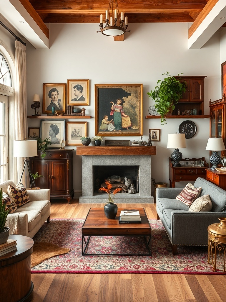 10 Home Decor Trends to Watch in 2025 5 A cozy living room featuring vintage and antique accents, with framed portraits, wooden beams, and a warm atmosphere.