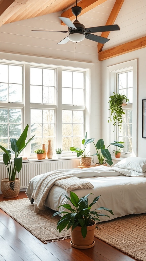 Bright farmhouse bedroom with large windows, plants, and wooden beams