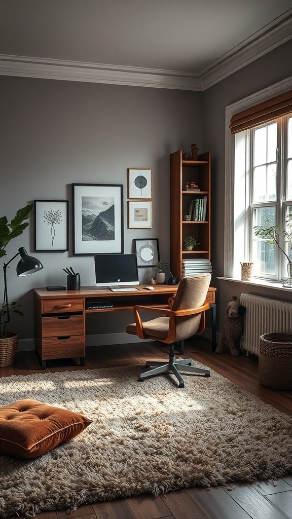 A cozy home office with a wooden desk, a plush rug, and wall art.