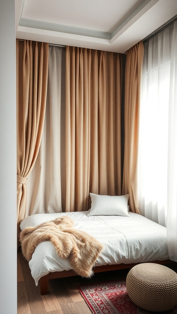 Cozy small bedroom with soft beige curtains, a white bed, and a fur throw.
