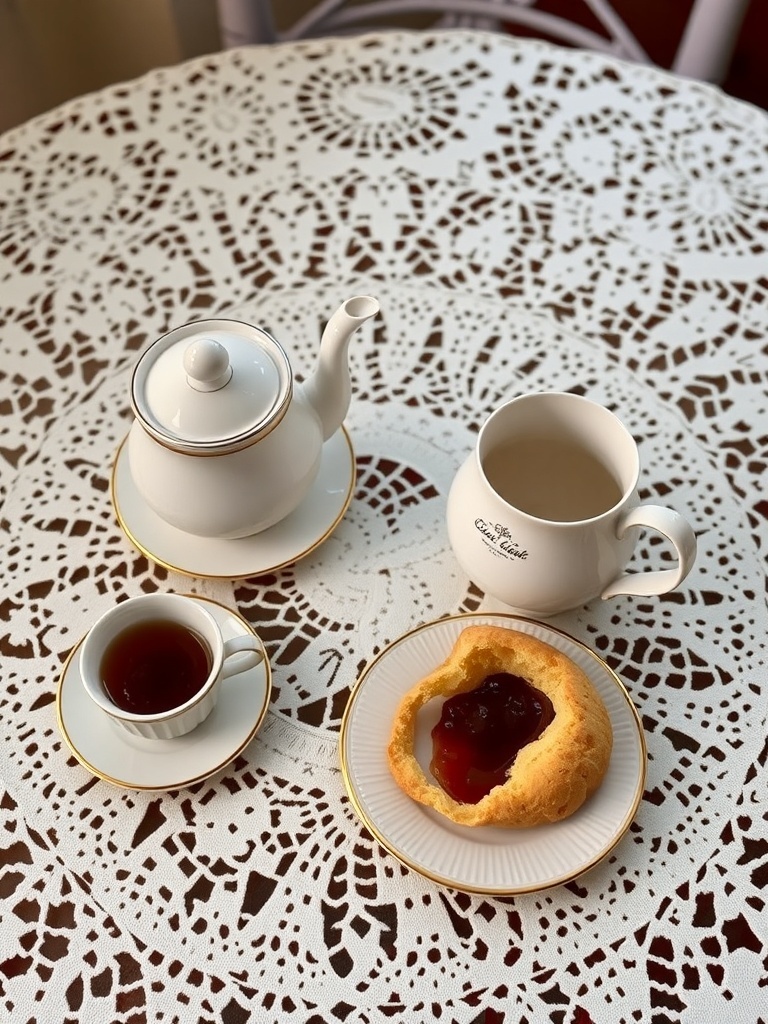 A vintage tea set with a teapot, cup, and small jug on a lace tablecloth, accompanied by a pastry.