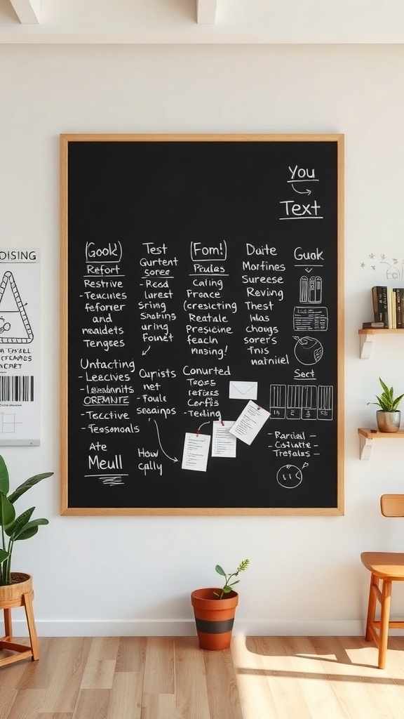 A large wooden-framed chalkboard filled with notes and lists, set in a bright home office.