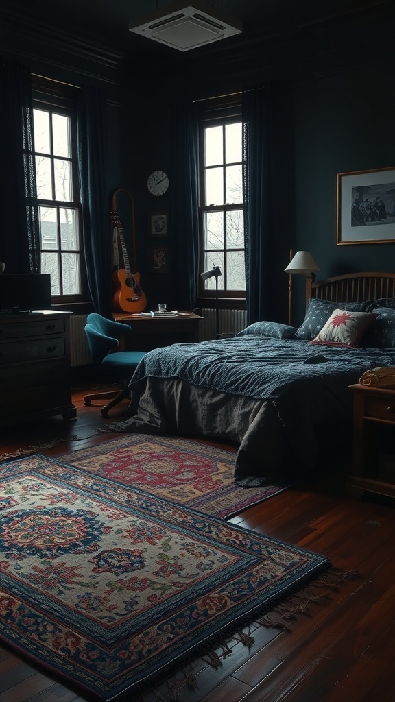 A dark academia bedroom featuring layered rugs, a bed with dark bedding, a wooden desk, and a guitar.