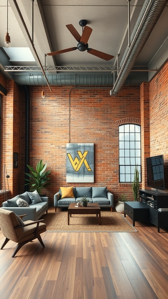 A stylish industrial loft living room featuring brick walls, wooden floors, and modern furniture.