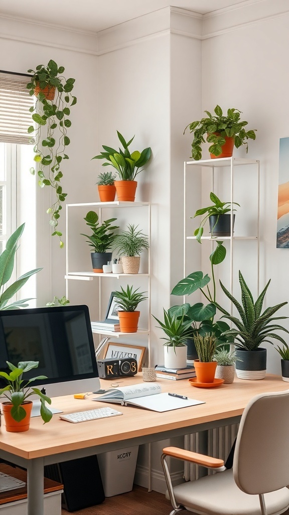 A feminine home office with various plants on shelves and a desk, creating a fresh atmosphere.