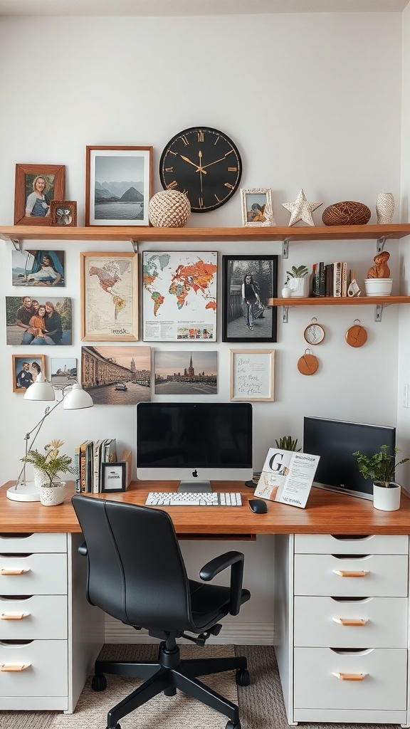 A stylish home office with personal decor including photos, a world map, and plants.
