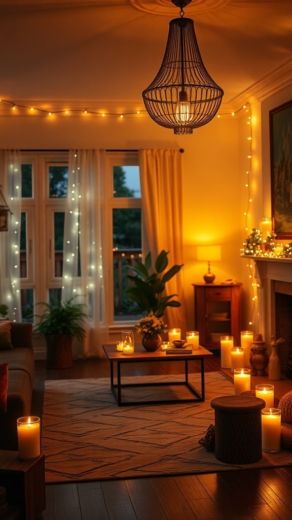 Cozy living room with warm lighting, string lights, and candles