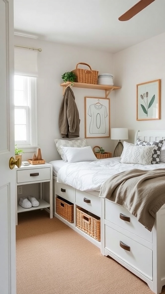 Cozy bedroom with built-in storage and warm decor