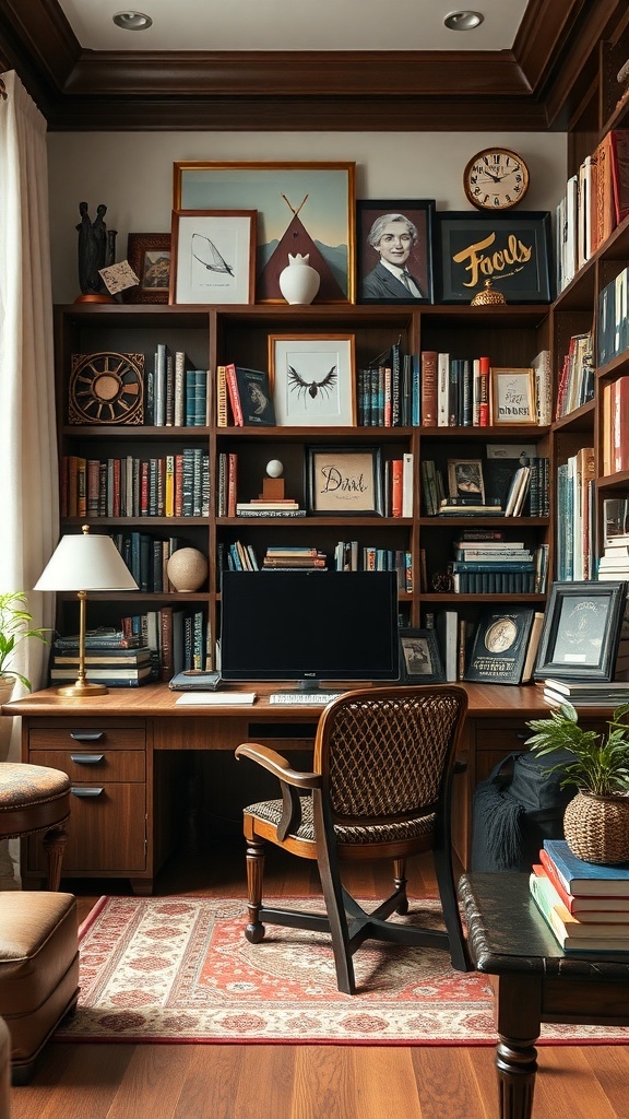 A cozy home office library with wooden shelves filled with books, a desk with a computer, and decorative art pieces.