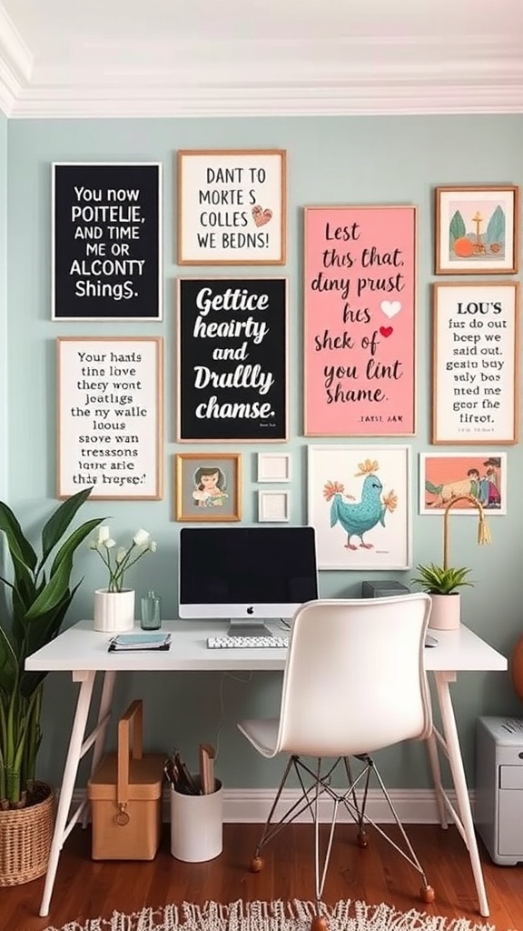A feminine home office featuring colorful wall art, framed quotes, and a stylish desk with plants.