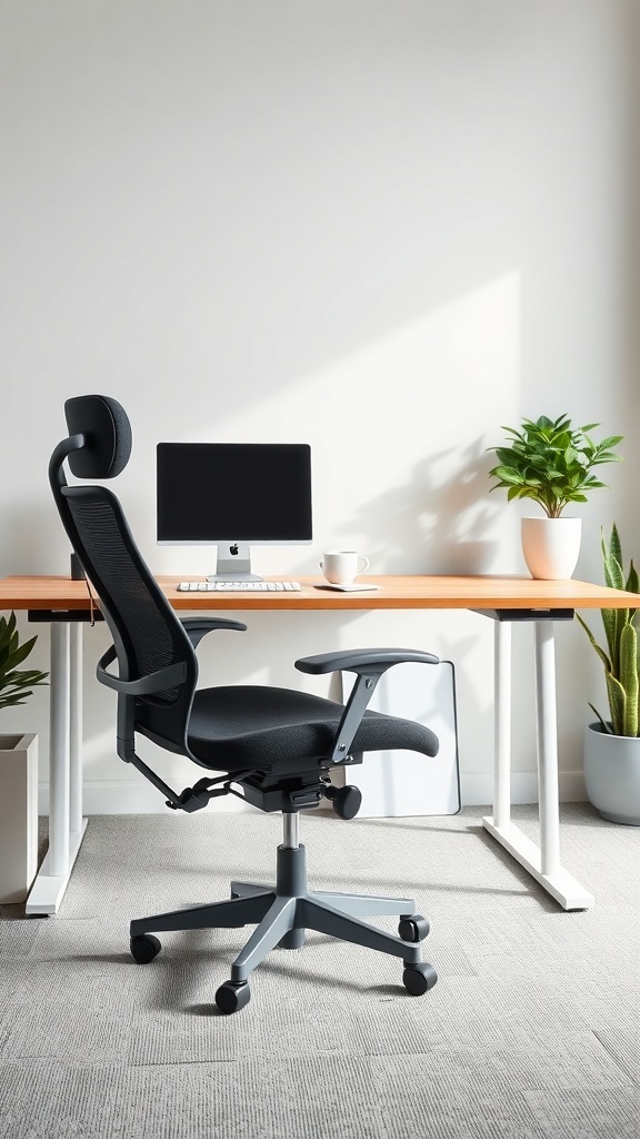 A modern home office setup featuring an ergonomic chair, a desk, a computer, and plants.